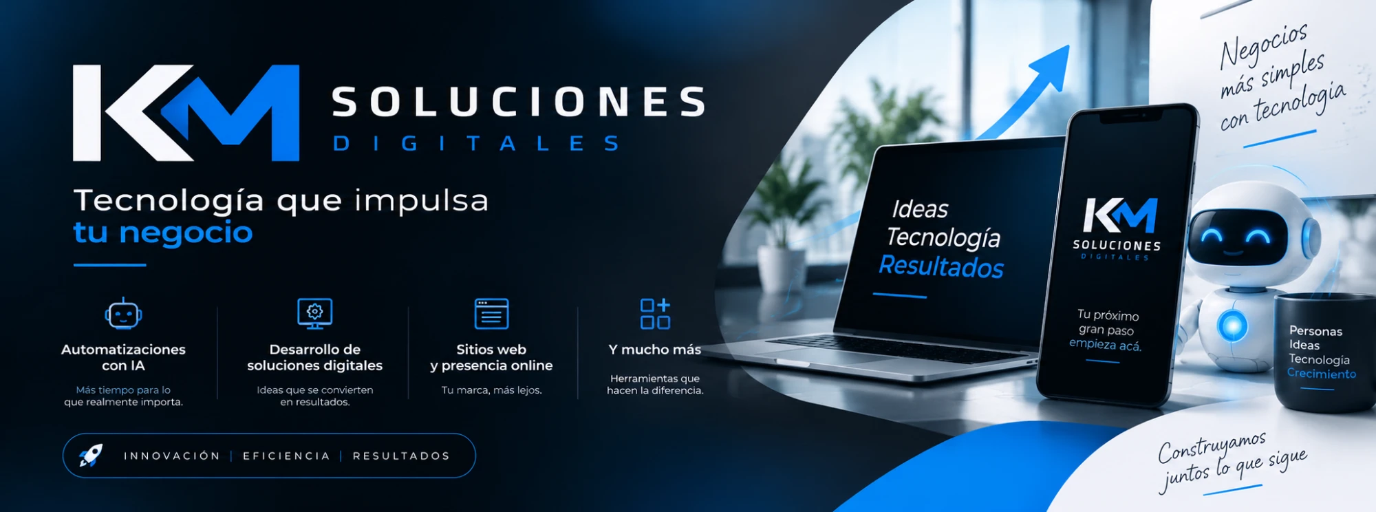 Notebook y celular con la marca KM Soluciones Digitales junto a un asistente robot